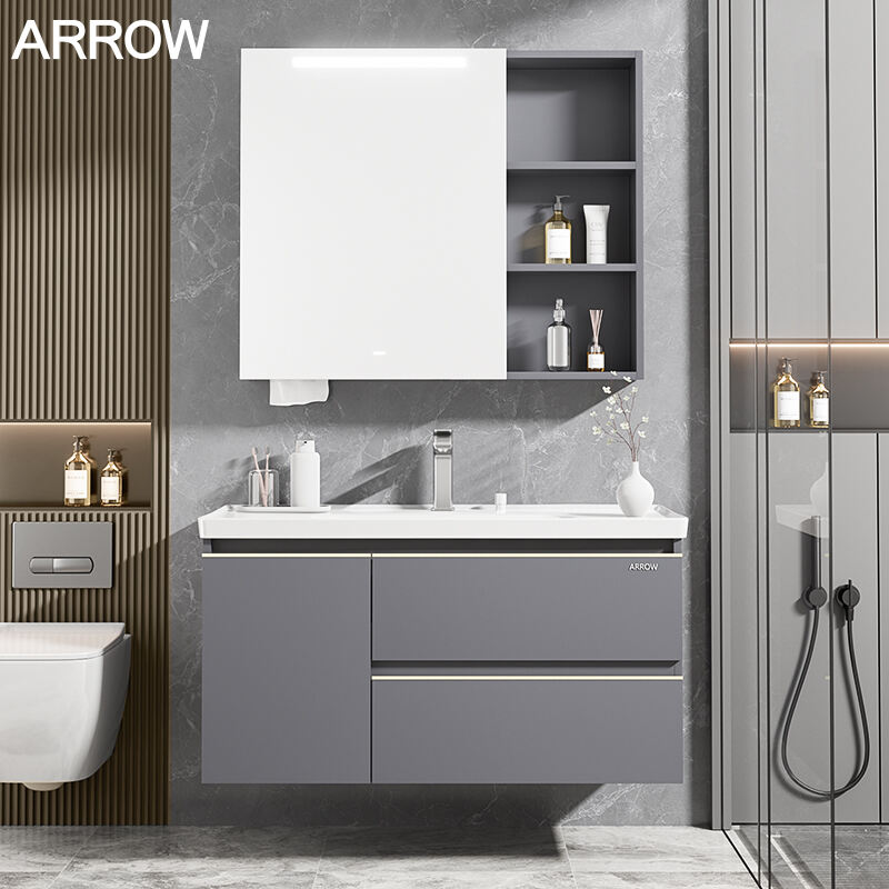 Ceramic Wash Basin Combination Solid Wood Bathroom Cabinet with Led Light Mirror Wall Cabinet FuGuang Series