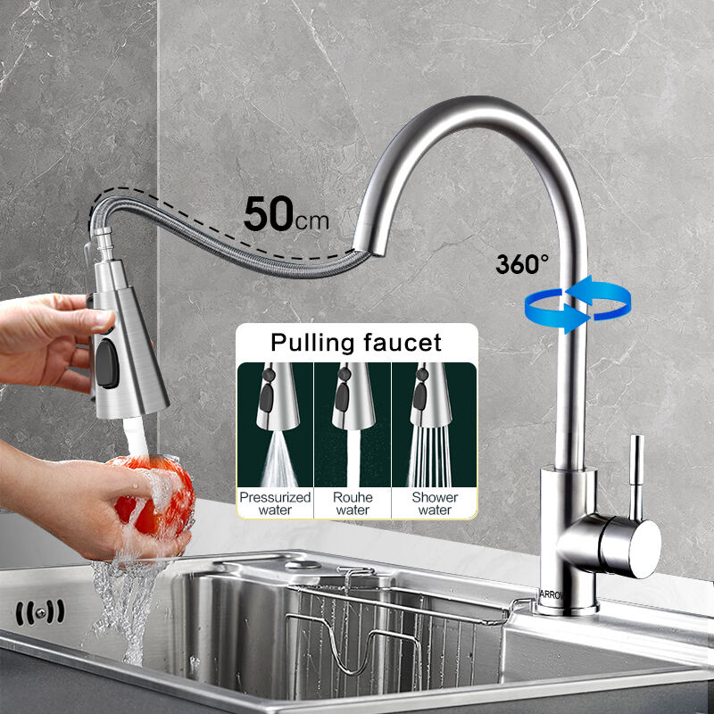 SUS304 Stainless Steel Pull Down Spring Kitchen Faucet with Water Pipe