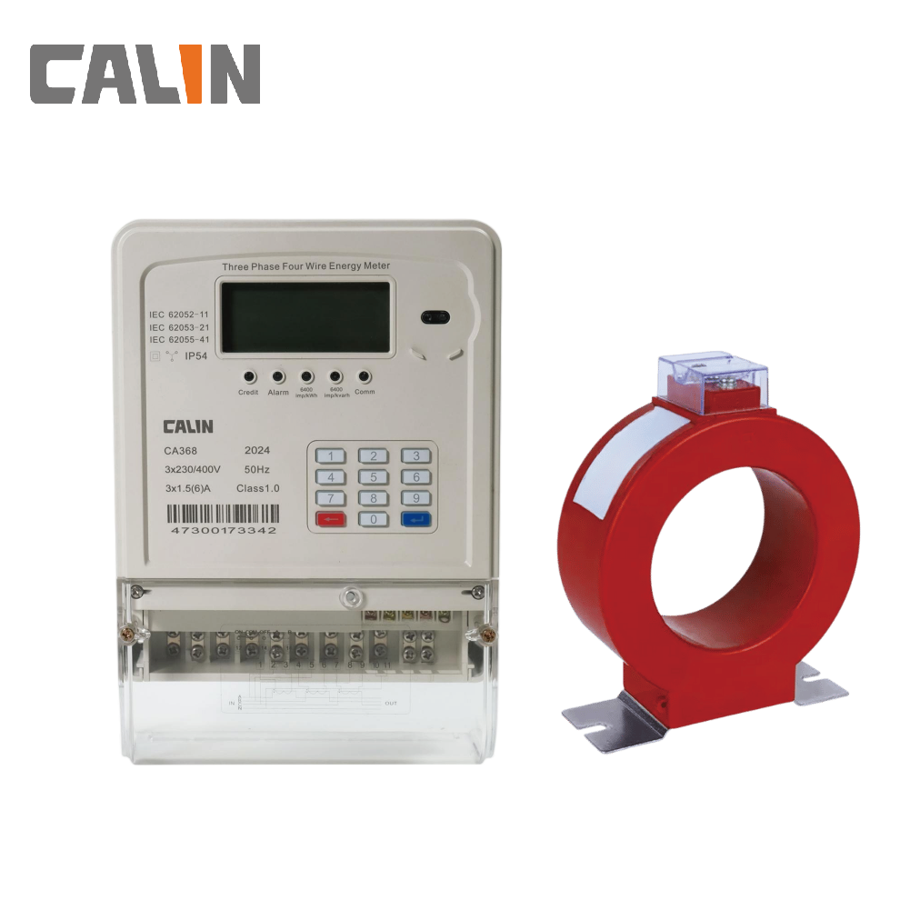 Medidor de electricidad trifásico con teclado y transformador de corriente