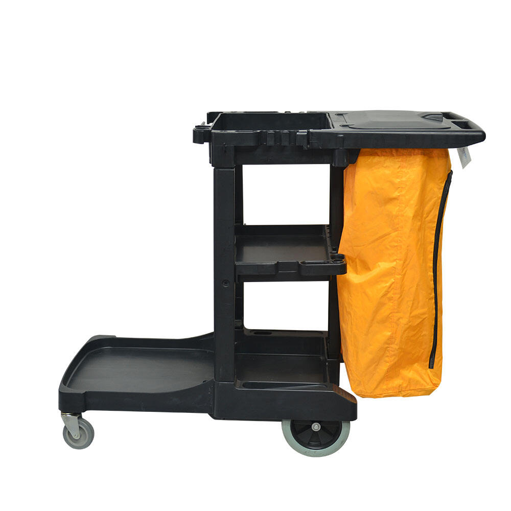 Black 3-Shelf Janitor Cart with Yellow Caddy Bag, JA3069