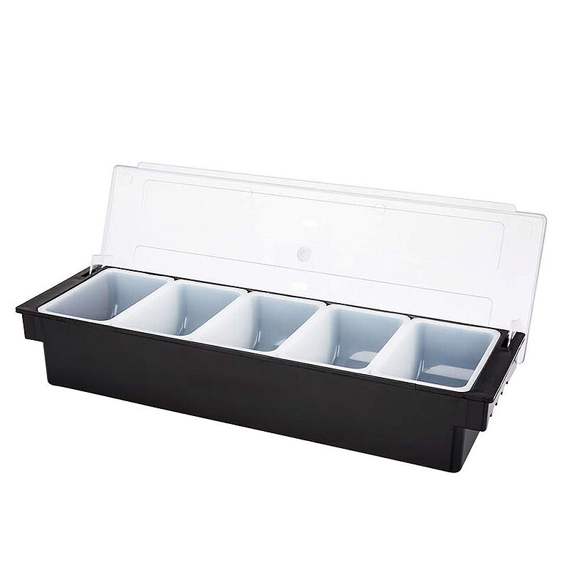 5-Kompartamento Bar Condiment Tray na may Maliwanag na Takip, Polycarbonate, Itim, BA3020