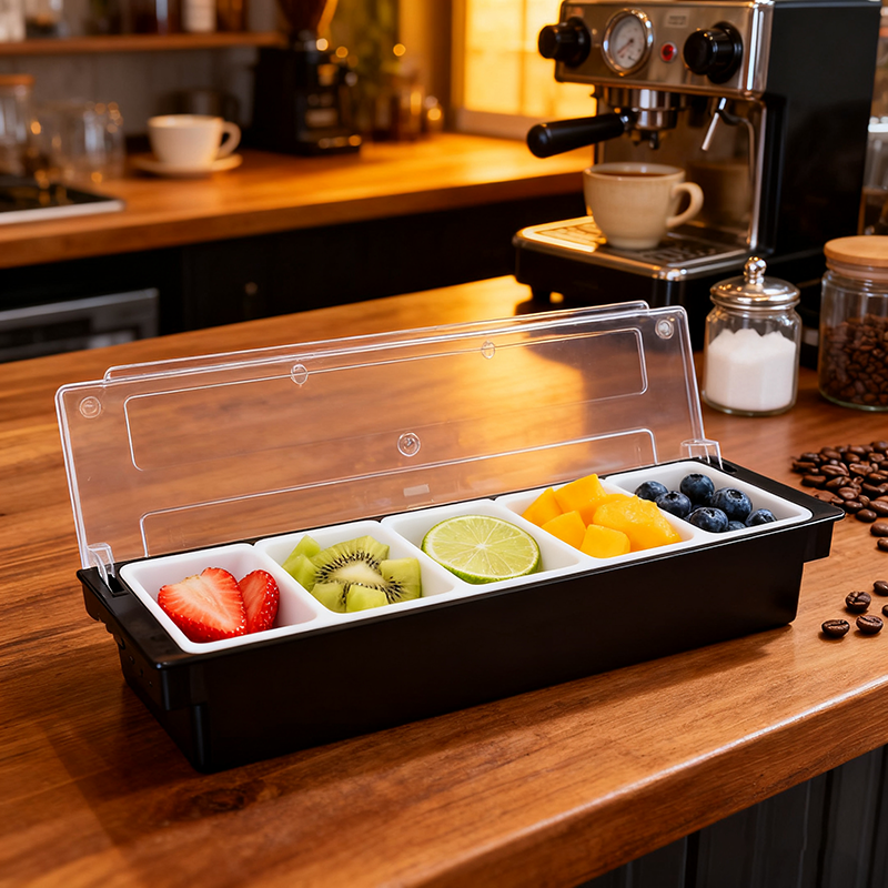 5-Kompartamento Bar Condiment Tray na may Maliwanag na Takip, Polycarbonate, Itim, BA3020