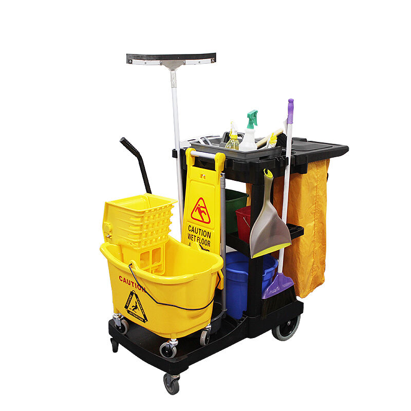 Black 3-Shelf Janitor Cart with Yellow Caddy Bag, JA3069