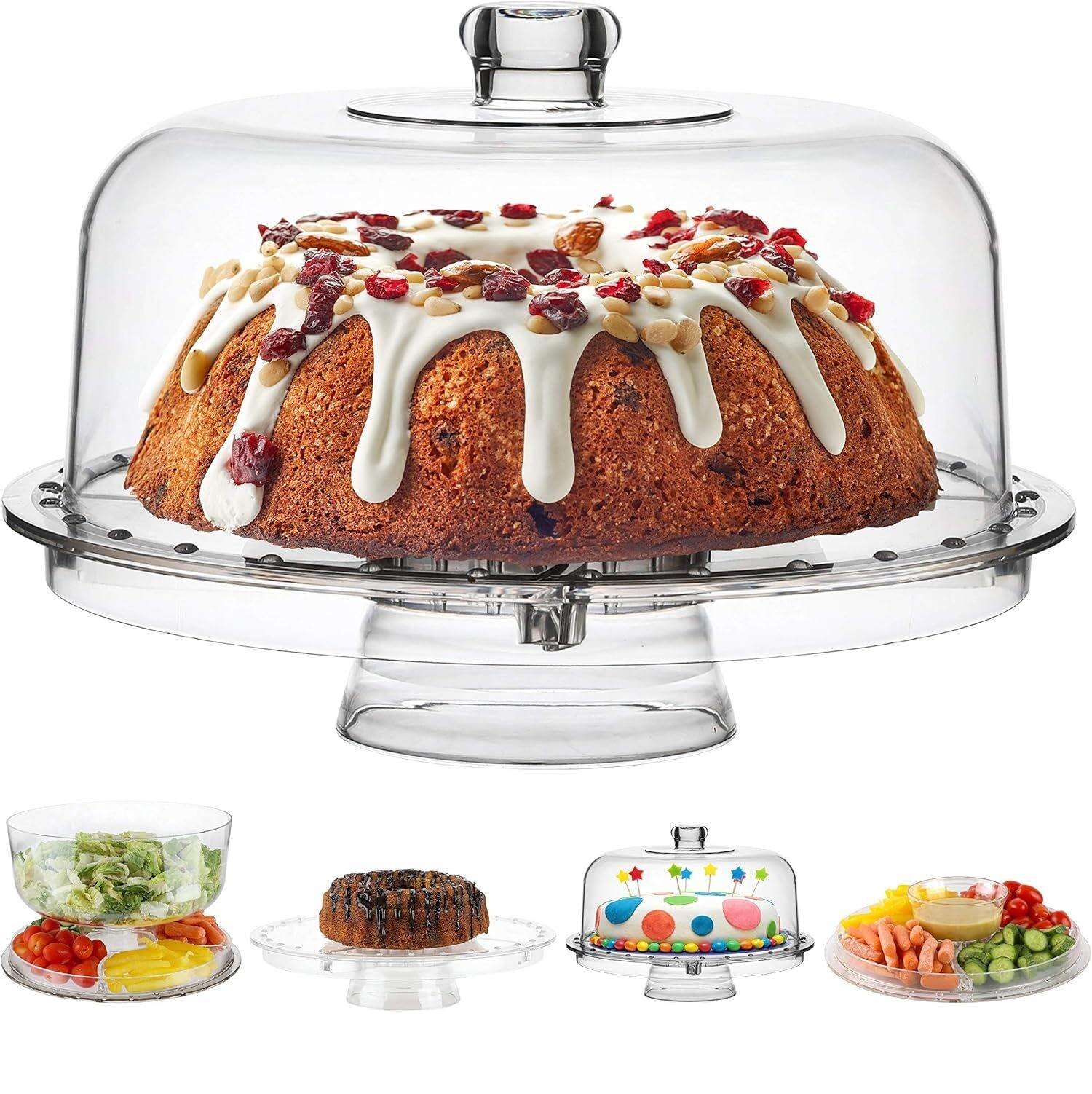6-in-1 Multifunctional Clear Round Serving Cookie Platter Punch Bowl Cake Stand with Acrylic Dome Cover