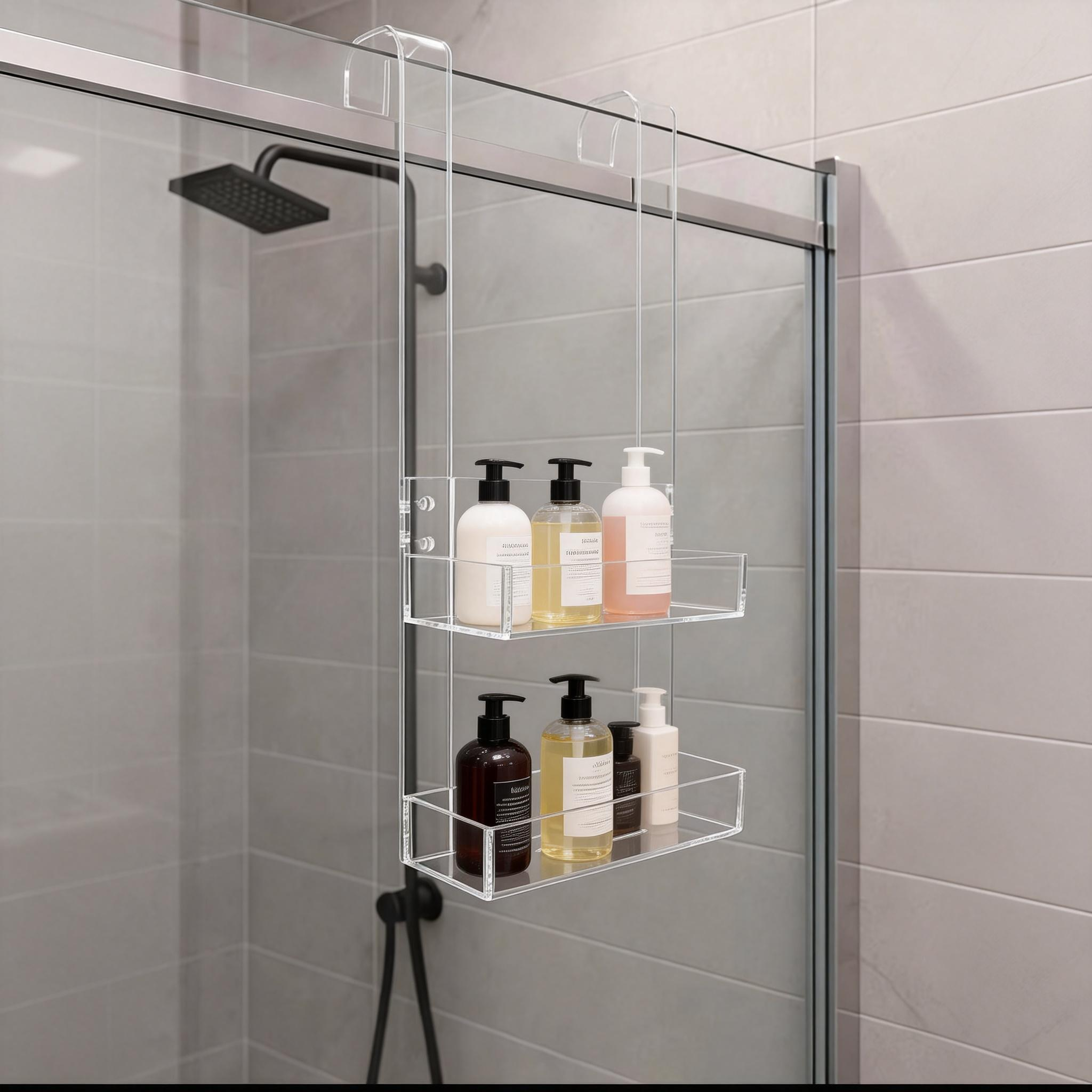 Bathroom Hanging Organizer Over the Door Acrylic Shower Caddy Shelf with Hook