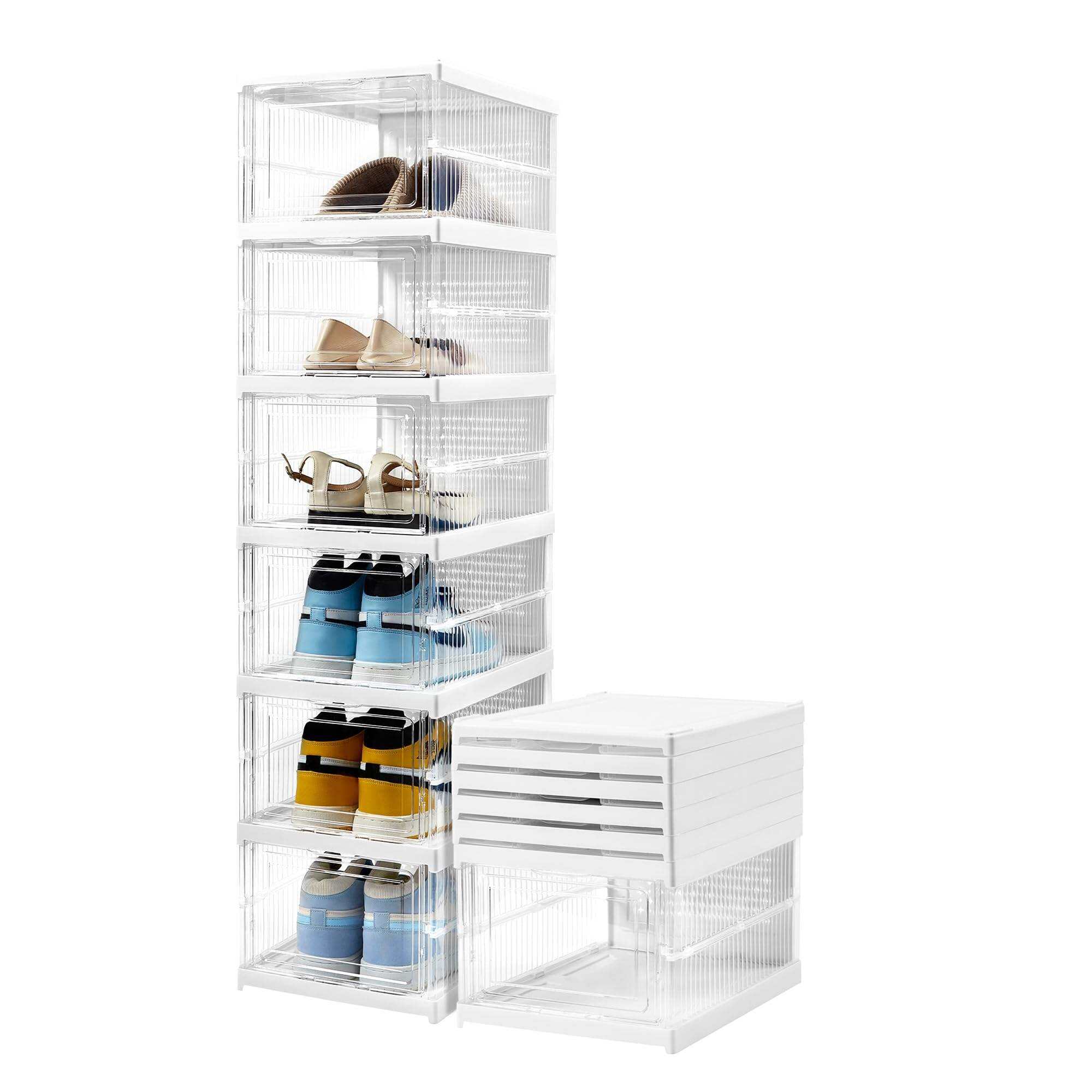 Installation-Free Acrylic Stackable 3 Tiers Foldable Shoe Storage Organizer Box with Clear Door