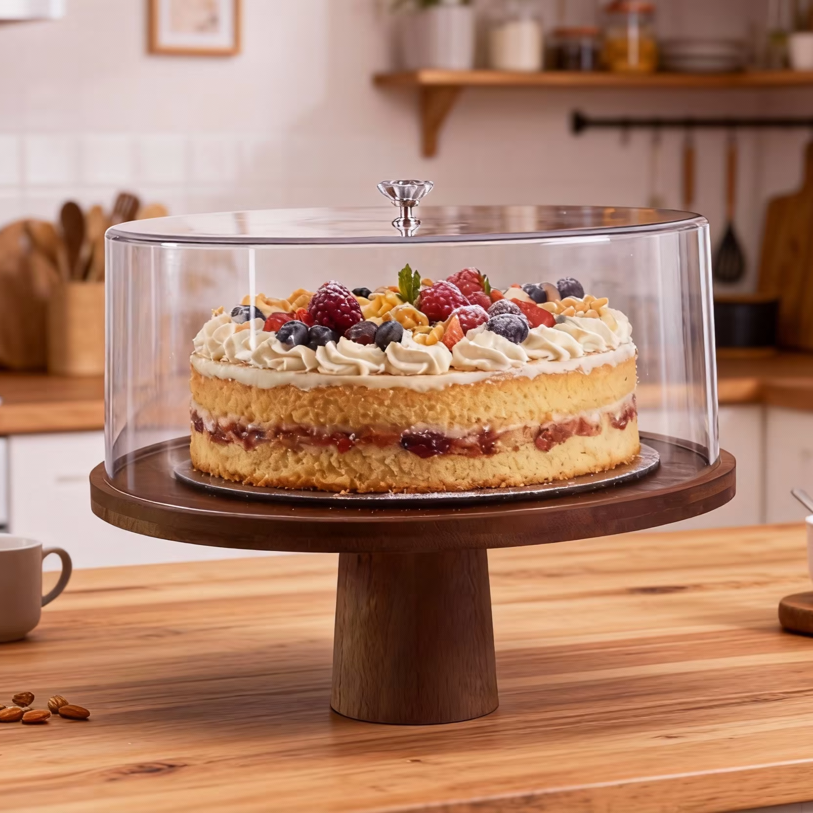 Round Large Complete Acrylic Wooden Cake Stand Set with Lid for Home Baking, Parties & Wedding Cakes