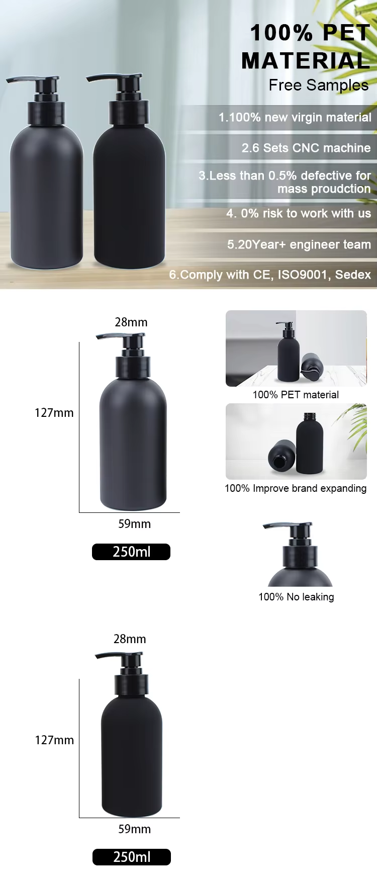 250ml matte frosted pet black plastic pump bottle for shampoo shower gel lotion -0
