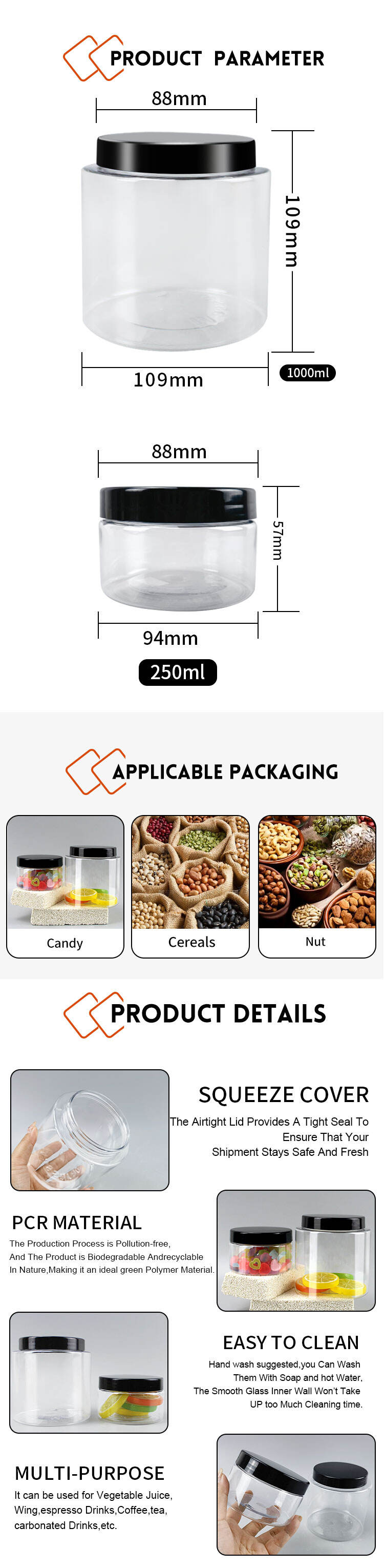 pet clear wide mouth plastic storage jar 250ml 1000ml for food candy spice -0