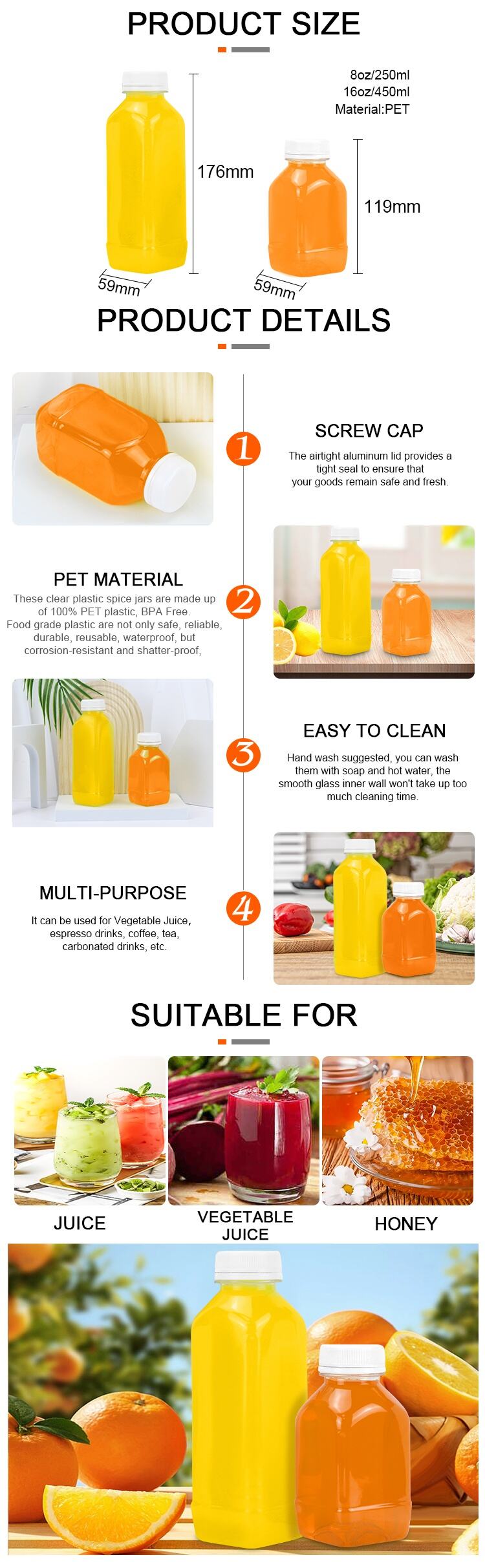 food grade pet 8oz 12oz 16oz square plasitc bottle for juice beverage water coffee yogurt-0