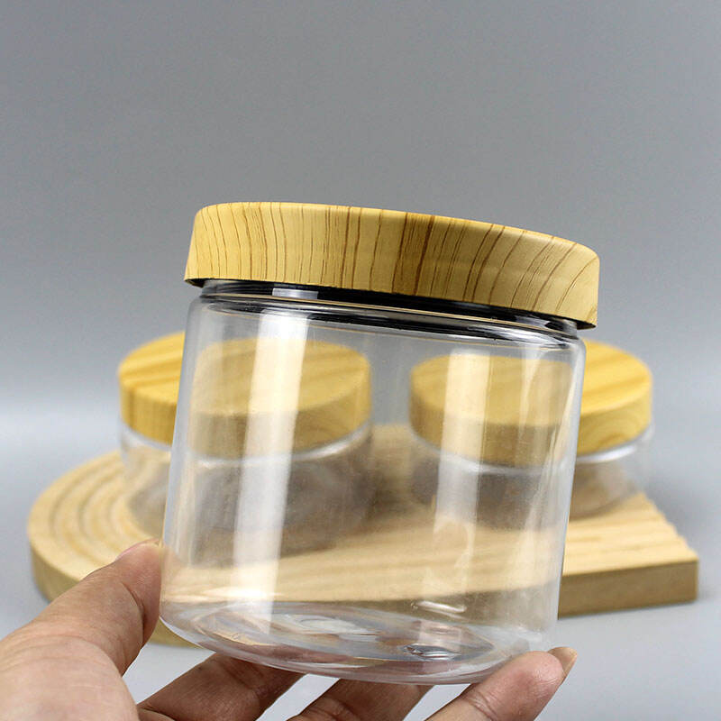 Custom Biodegradable Clear PET Plastic Wide Mouth Jar with Print Bamboo Lid