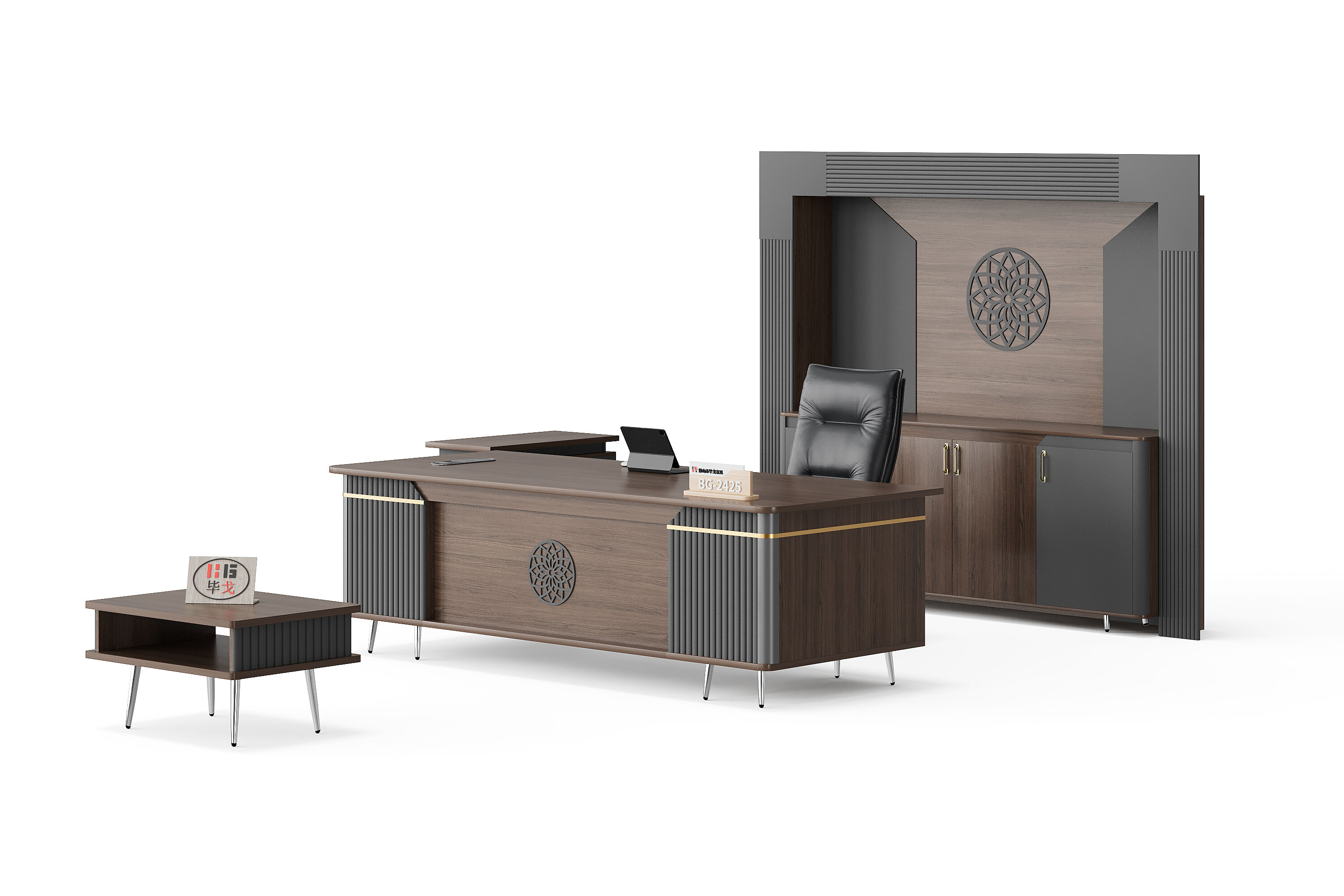 Modern Style Melamine and Iron Office Table + Side Table with Cabinet and Coffee Table