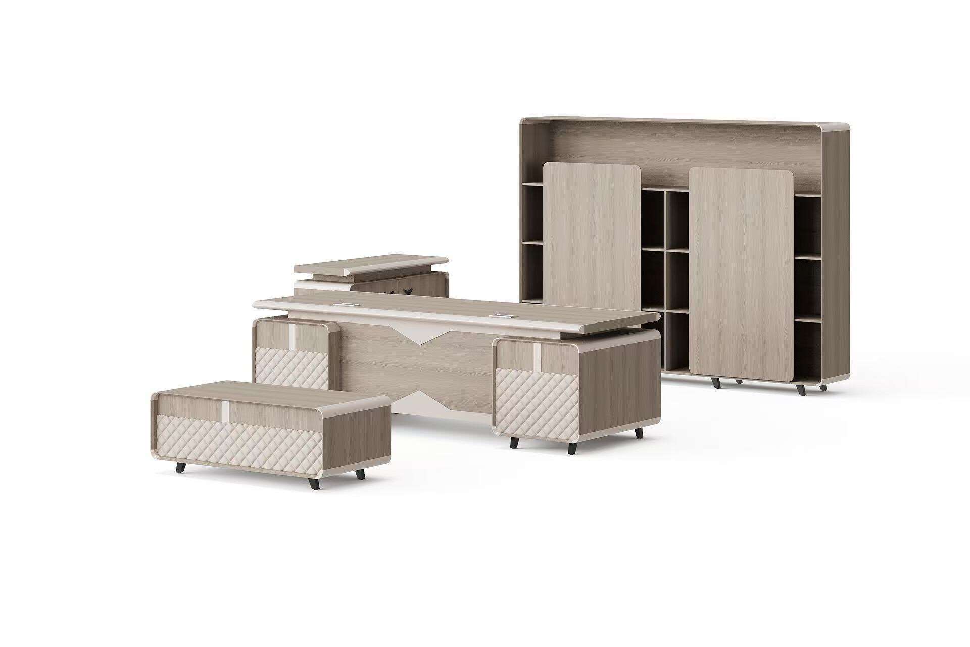 Bankna tal-Uffiċju stili Modernu ta’ Melamina u Żelej + Tabella Biswit b’Armadijiet u Taħla tat-Kafè