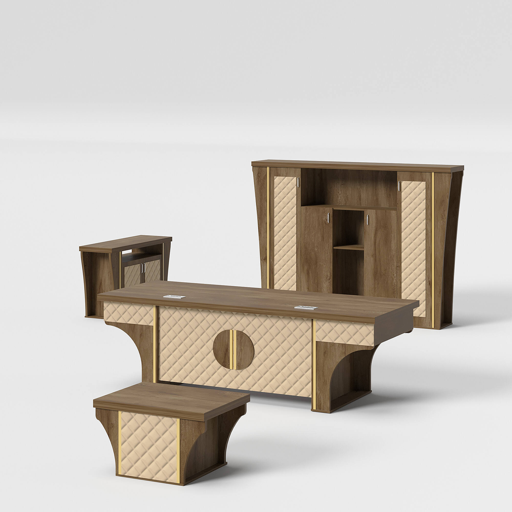 Traditional Style Melamine Office Table + Side Table with Cabinet and Coffee Table