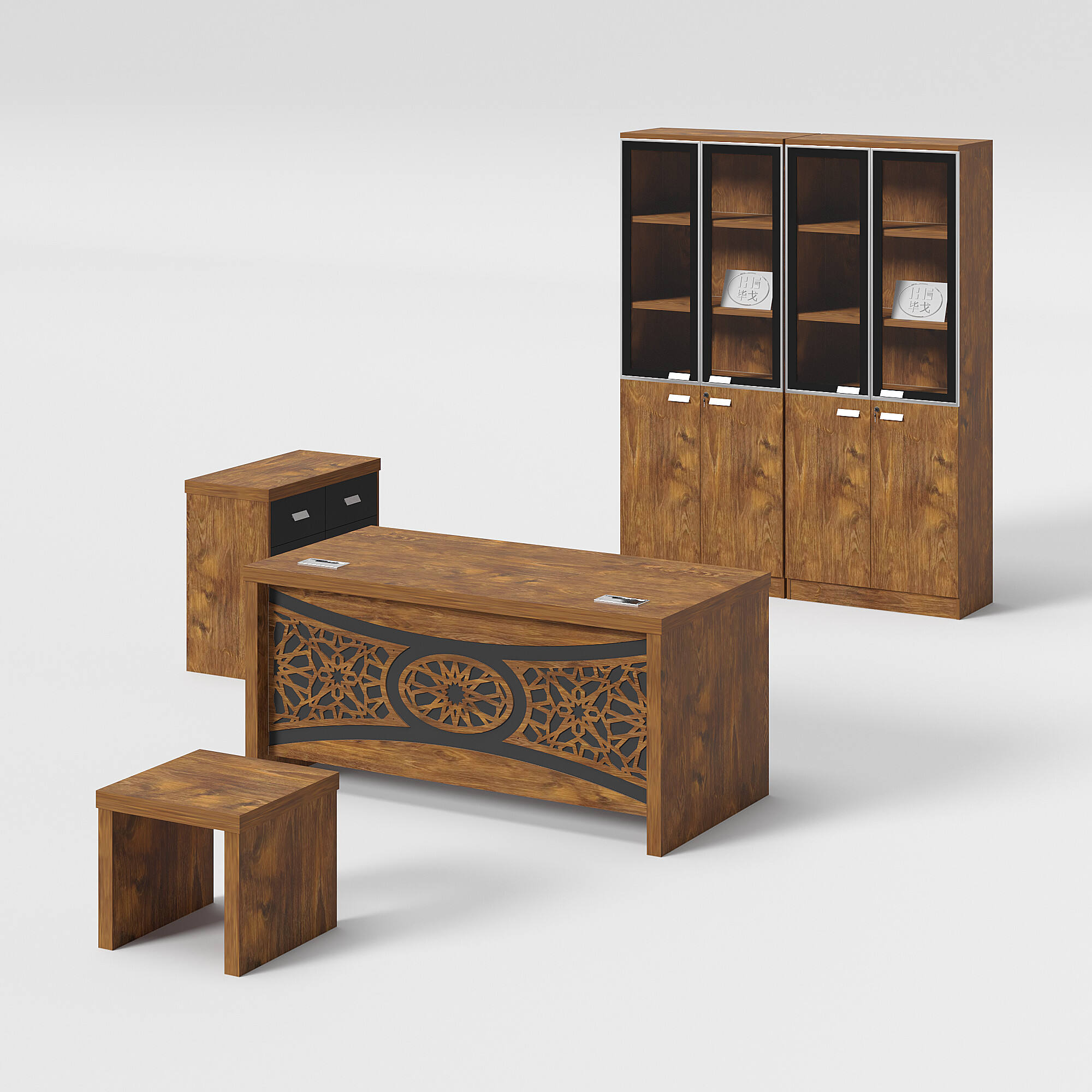 Melamine Office Desk Set with Bookshelf and Decorative Design for Professional Use