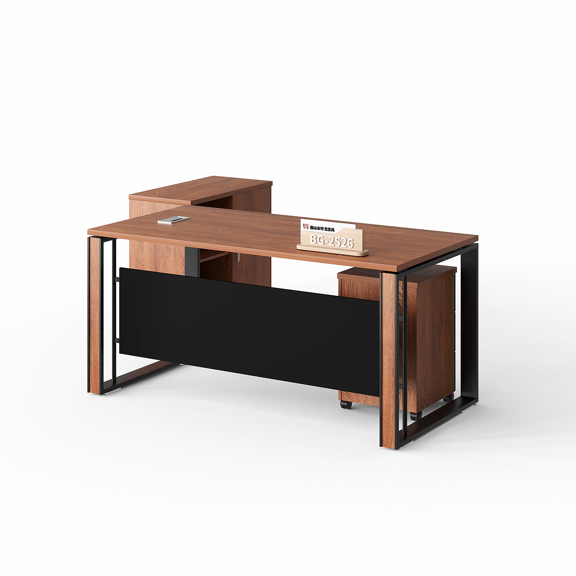 Elegant Wooden Office Desk with Black Panel and Storage Cabinet for Executive Use