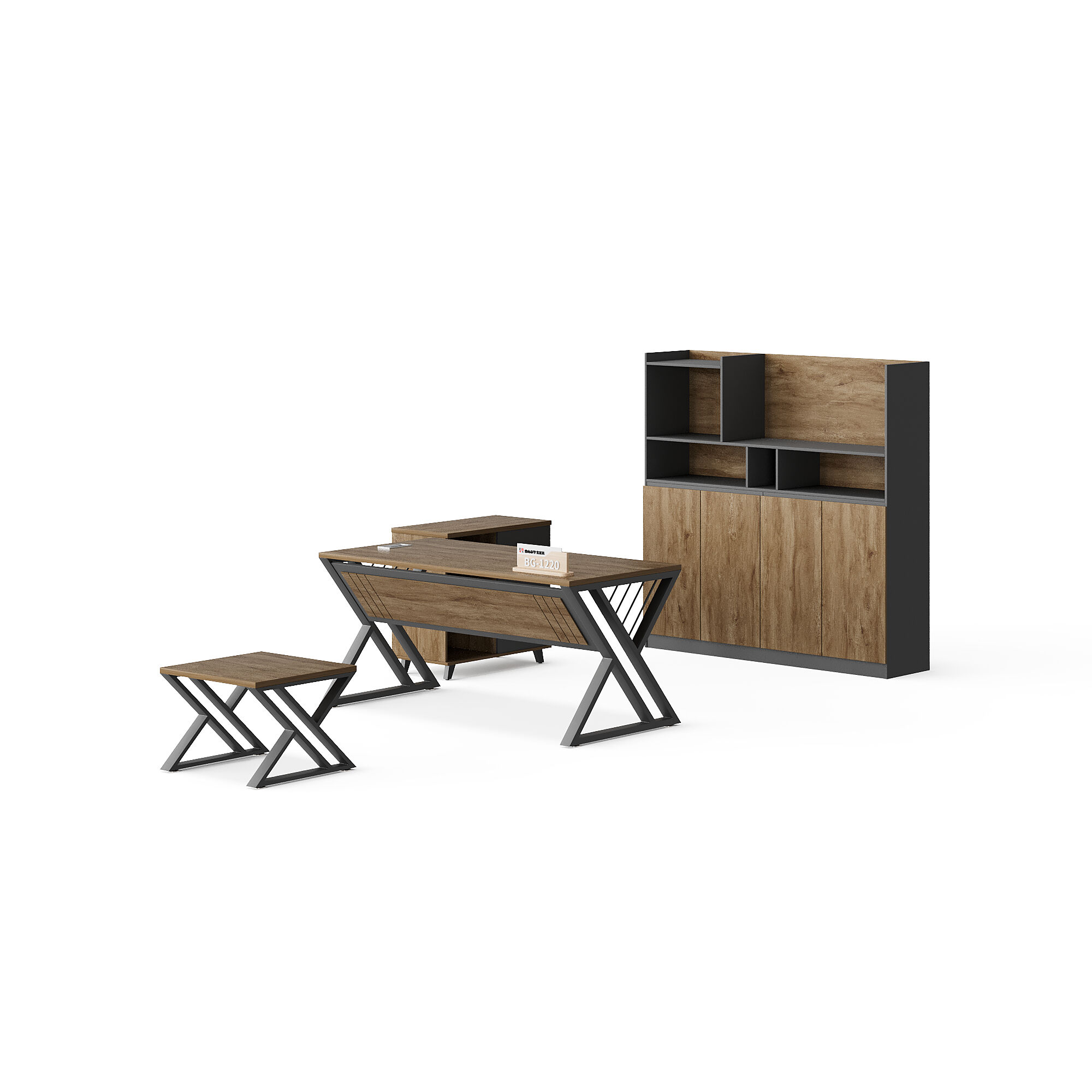 Bankna tal-Uffiċju stili Modernu ta’ Melamina u Żelej + Tabella Biswit b’Armadijiet u Taħla tat-Kafè