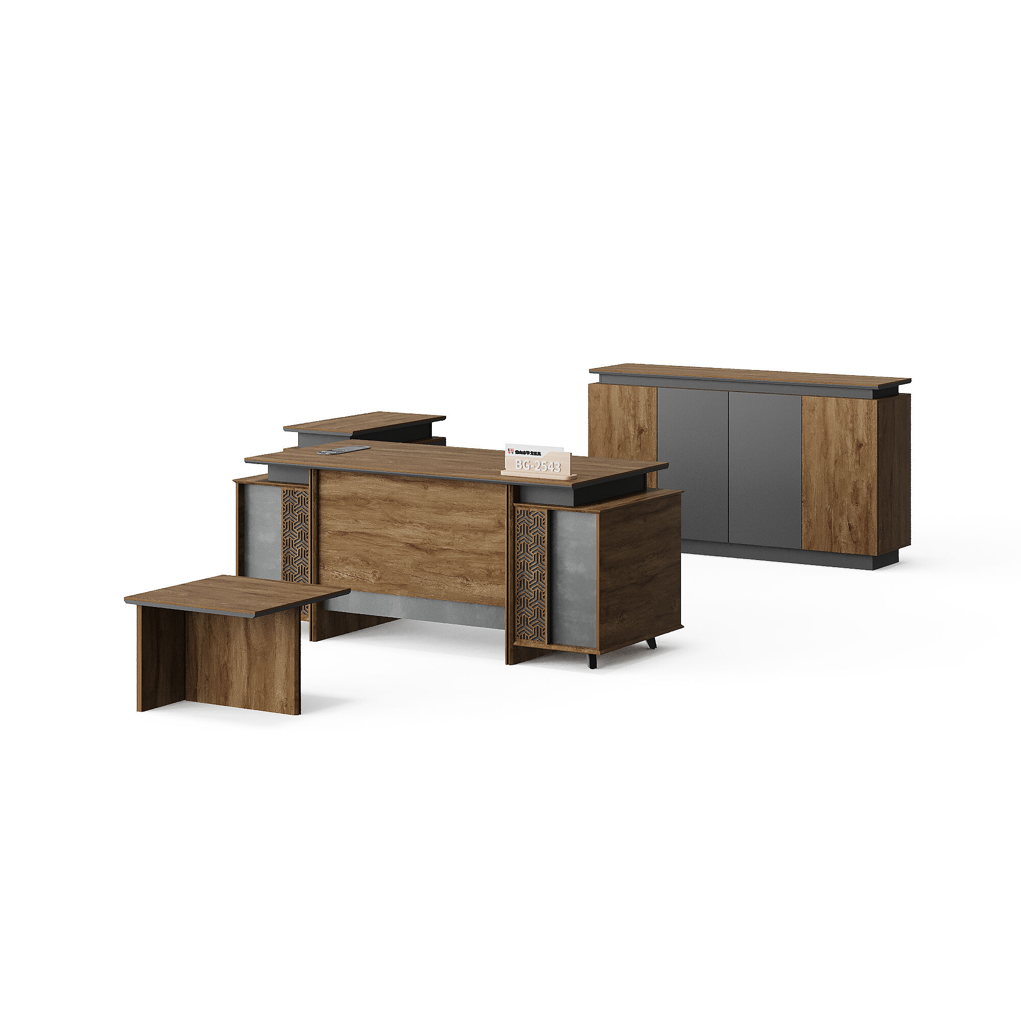 Brown Wooden Office Desk with Patterned Panels and Side Table Set