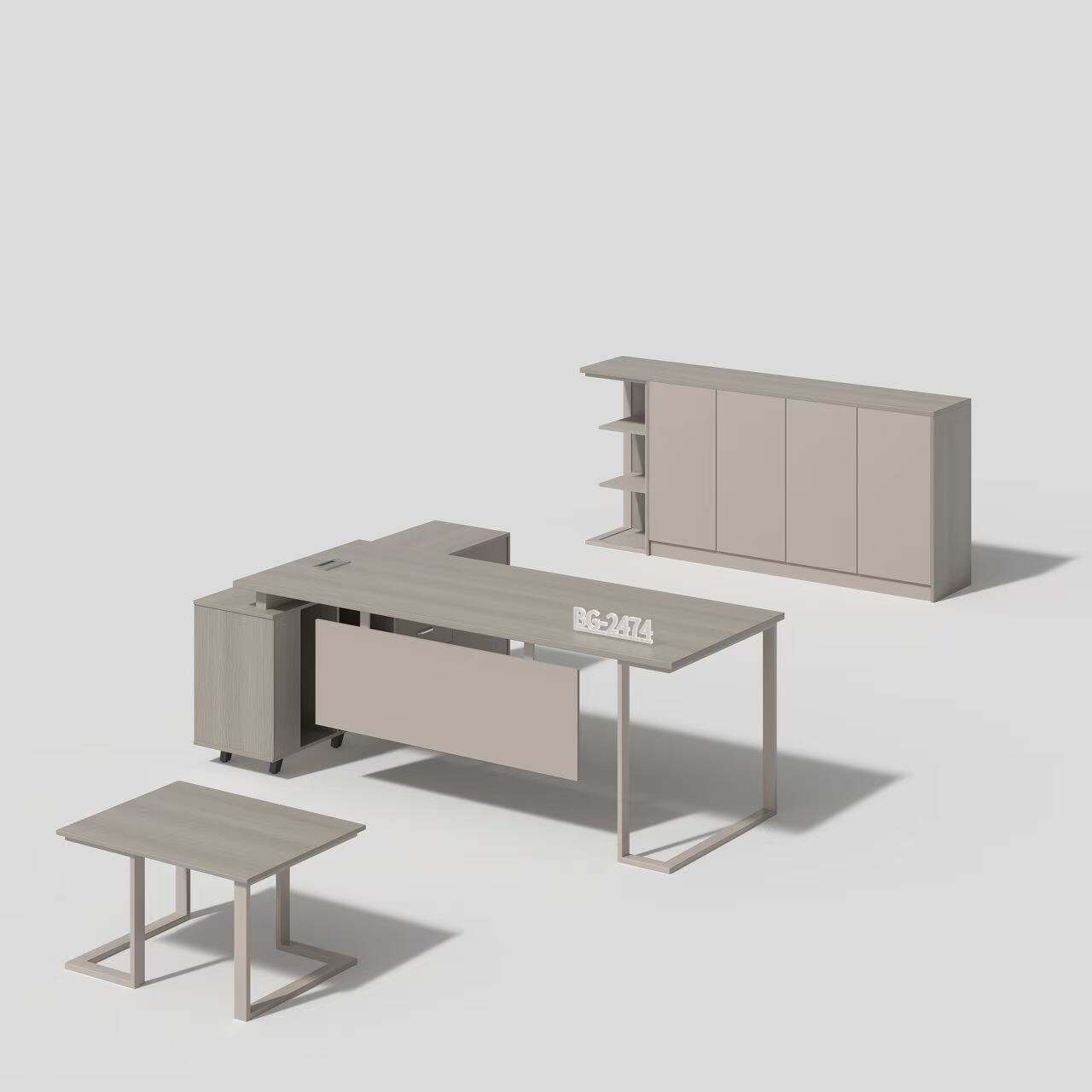 Tabella L ta' Melamina u Żejż Moderna ma' Kabinet u Tabella tal-Kafè