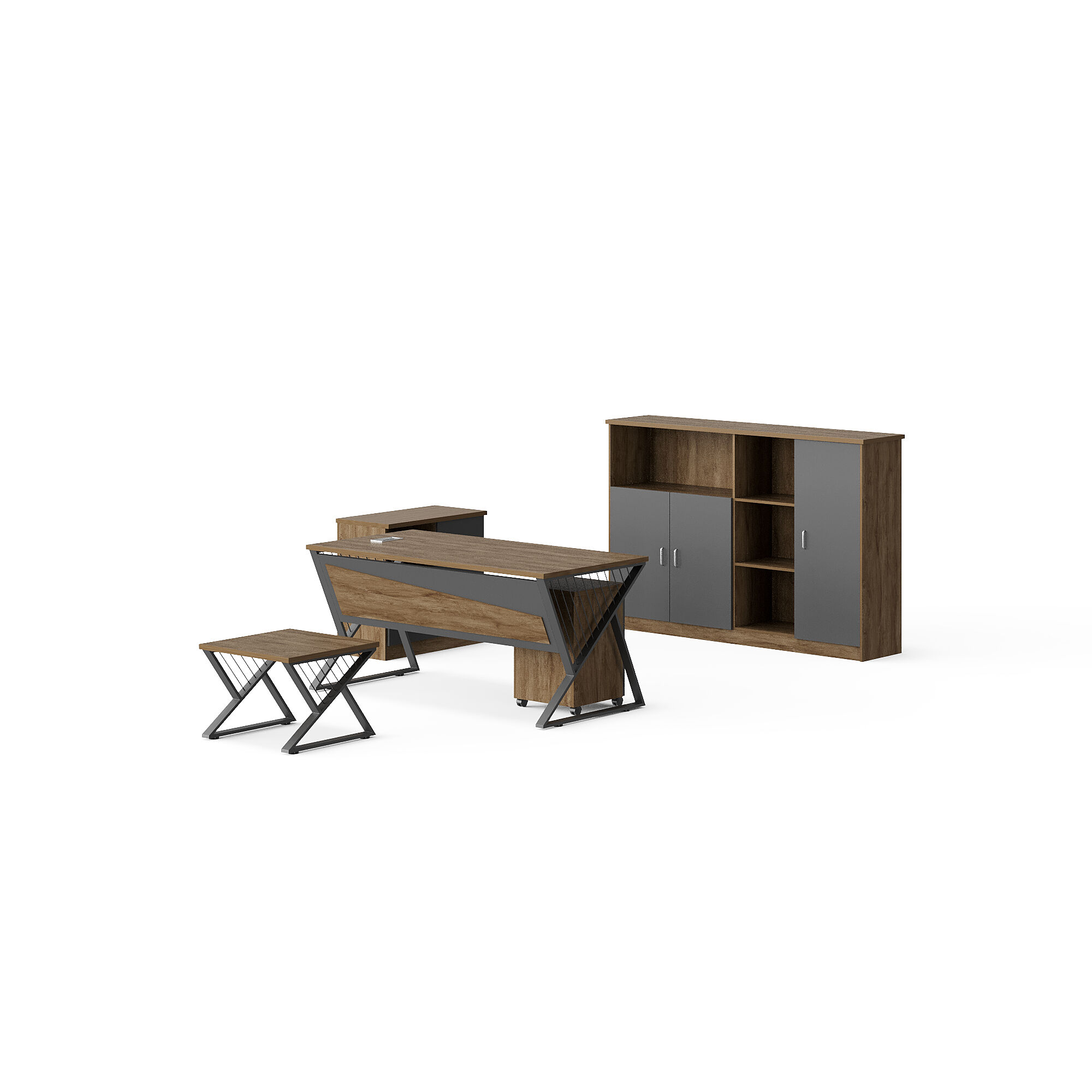 Modern Style Melamine and Iron Office Table + Side Table + Mobile drawer with Cabinet and Coffee Table