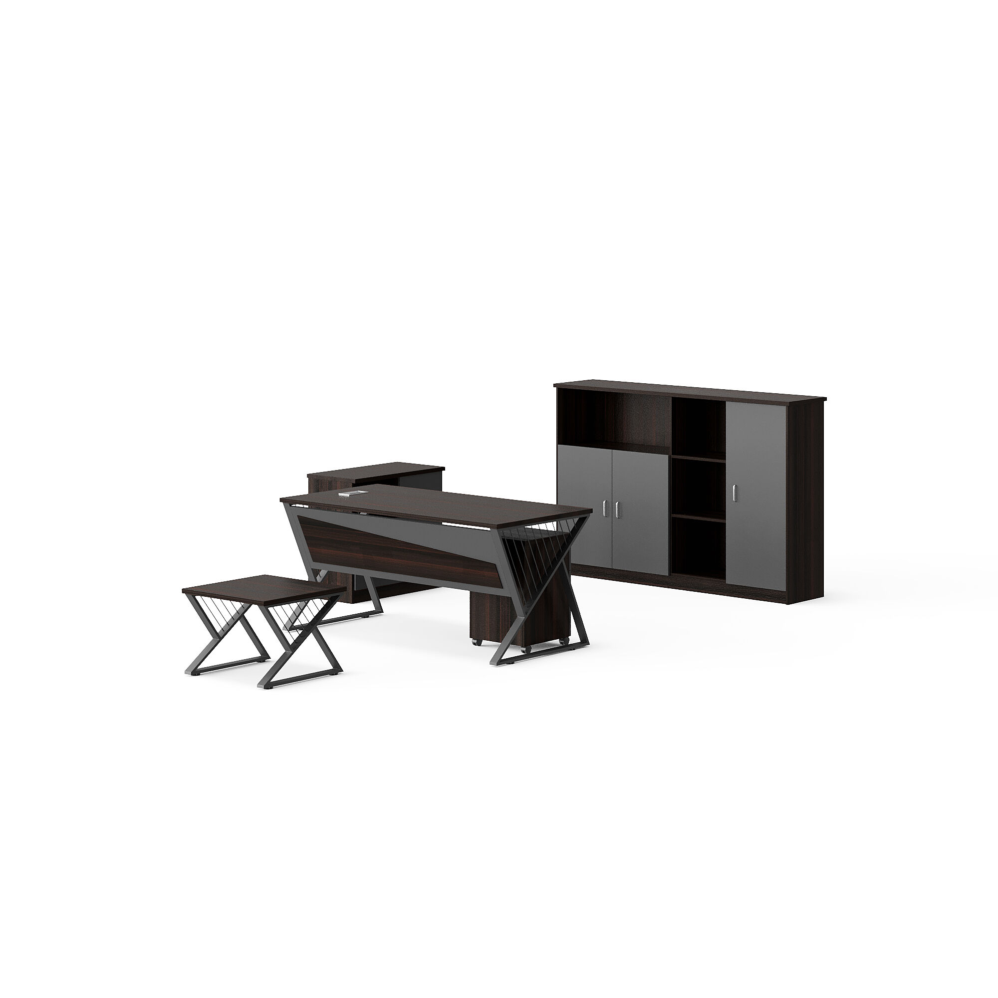 Modern Style Melamine and Iron Office Table + Side Table + Mobile drawer with Cabinet and Coffee Table