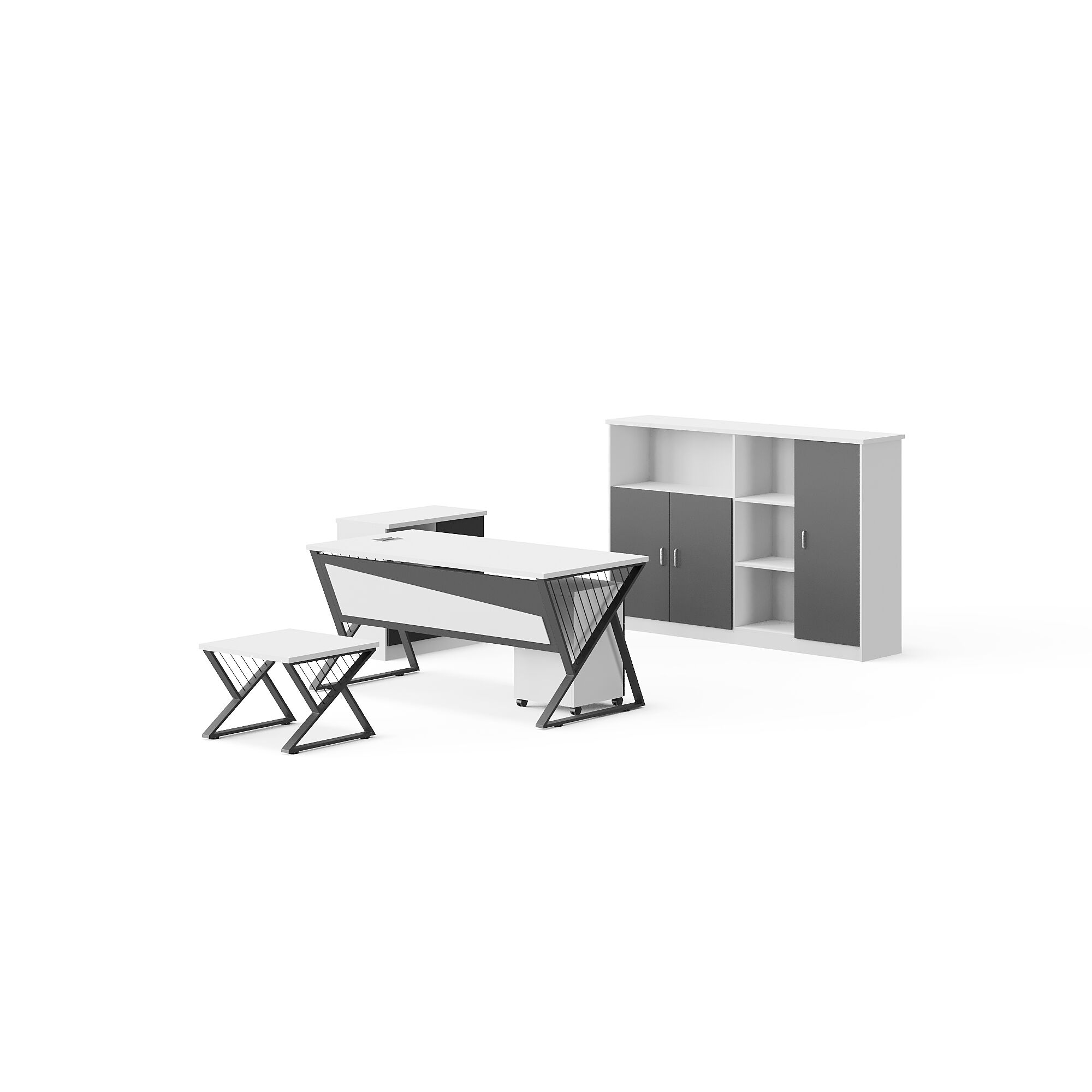 Modern Style Melamine and Iron Office Table + Side Table + Mobile drawer with Cabinet and Coffee Table