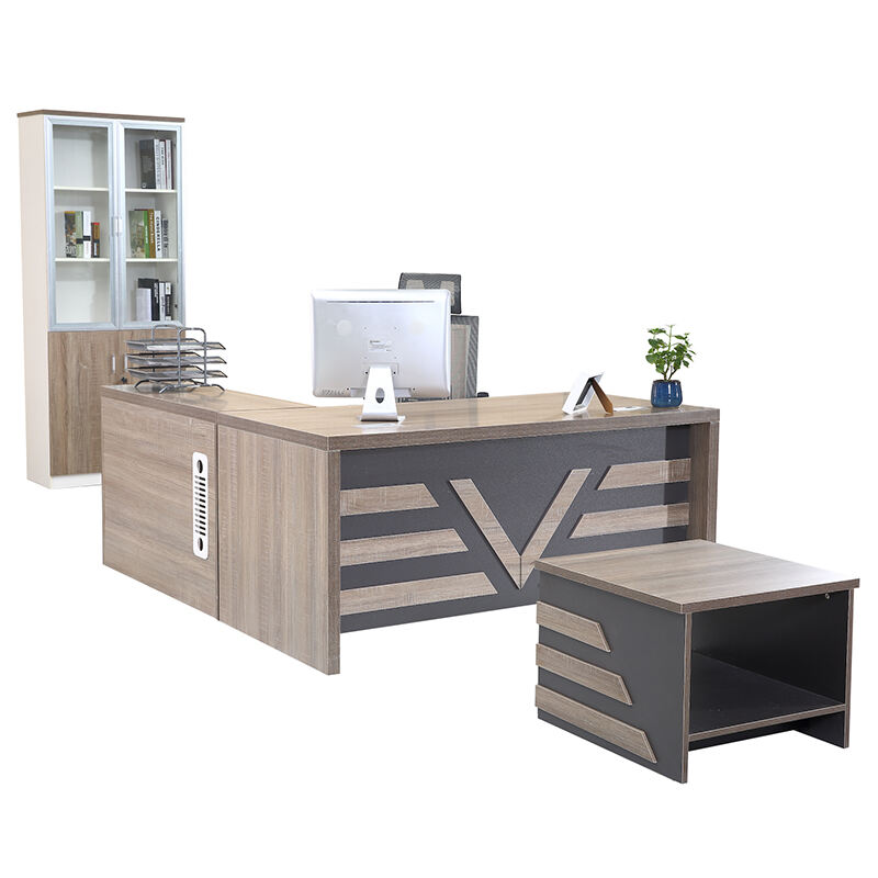 Modern Wooden Executive Office Desk Set with Storage Cabinet and Side Table