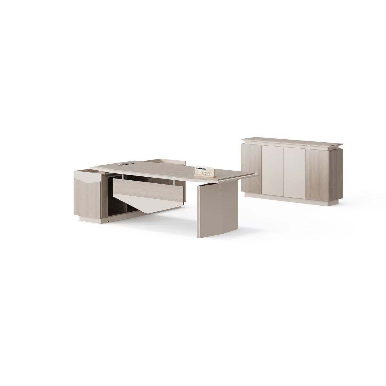 Tabella L ta' Melamina u Żejż Moderna ma' Kabinet u Tabella tal-Kafè