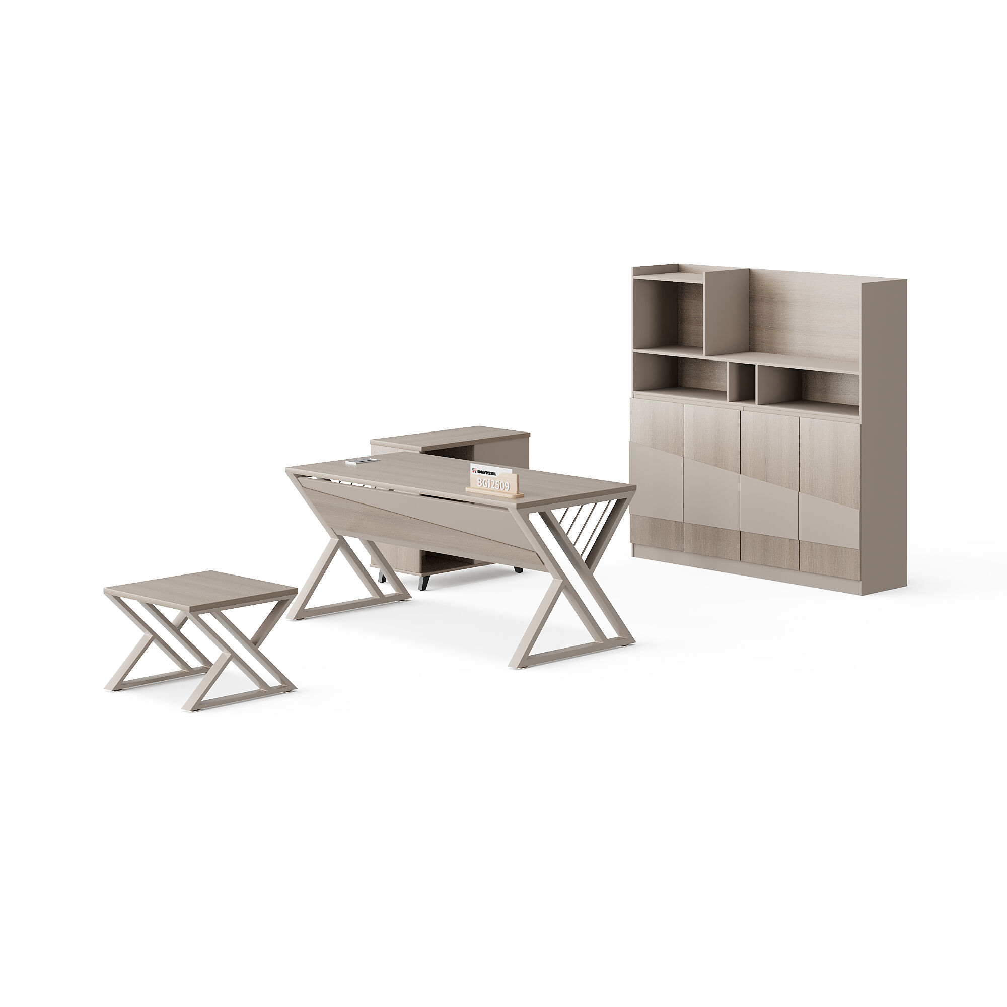 Bankna tal-Uffiċju stili Modernu ta’ Melamina u Żelej + Tabella Biswit b’Armadijiet u Taħla tat-Kafè