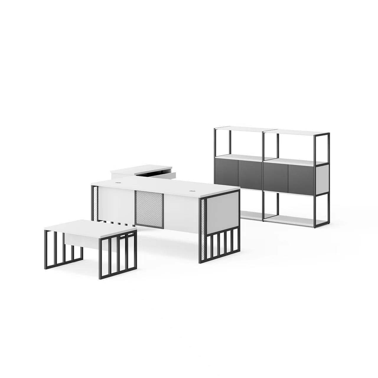 Modern Style Melamine and Iron Office Table + Side Table with Cabinet and Coffee Table