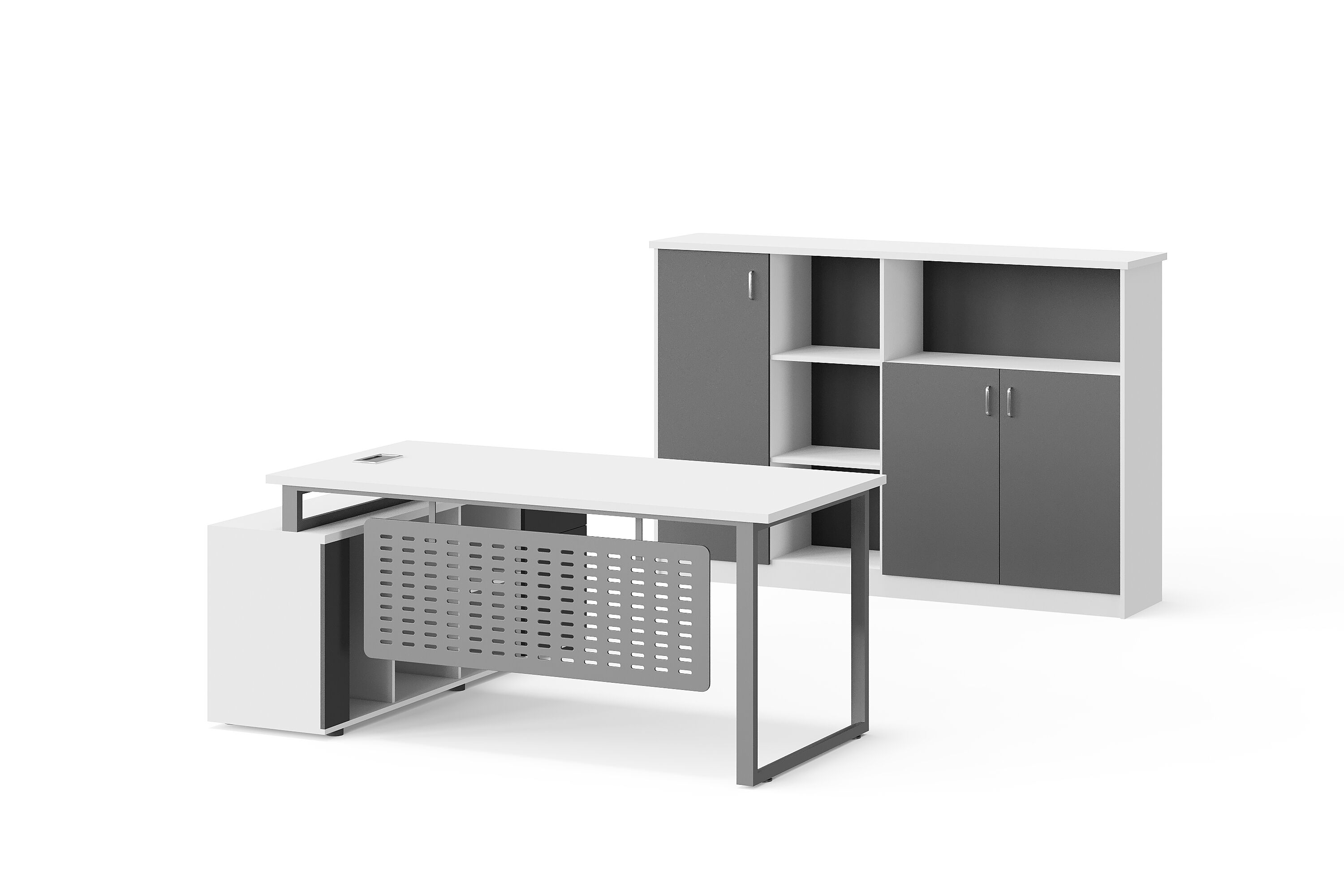 Modern Style Melamine and Iron L Shape Table with Cabinet 