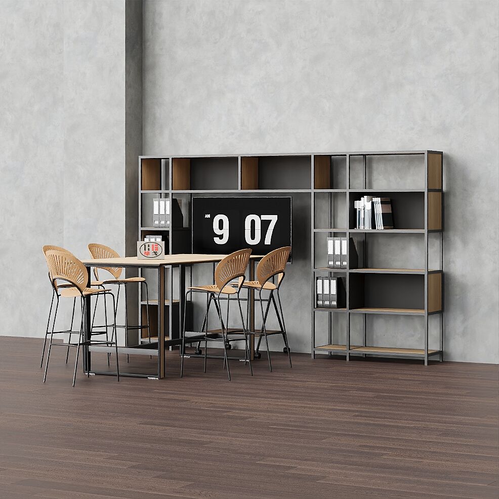 Modern Minimalist Bar Table Set with 4 Bar Stools & Shelving Unit – Home/Office High-Top Bar Counter with Multi-Layer Storage Bookshelf