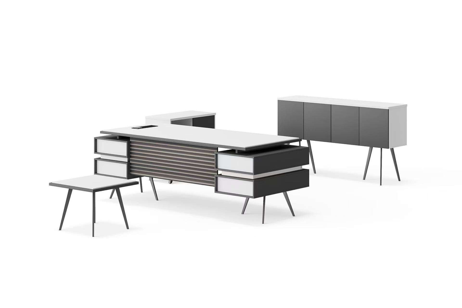 Modern Style Melamine and Iron Office Table + Side Table with Cabinet and Coffee Table