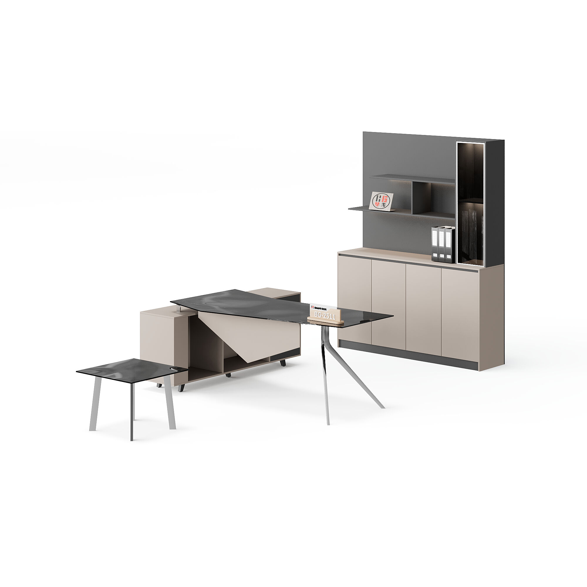 Elegant Glass stainless steelDesign Luxury Curved Executive Office Desk with Bookshelf