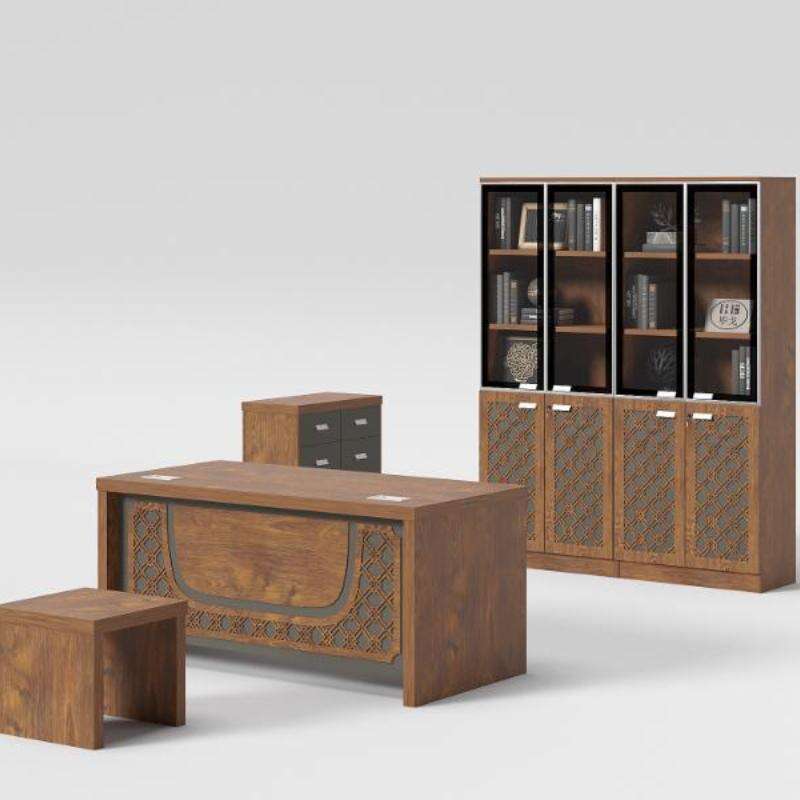 Wooden Melamine Office Furniture Set Carved Panel Desk with High Bookcase