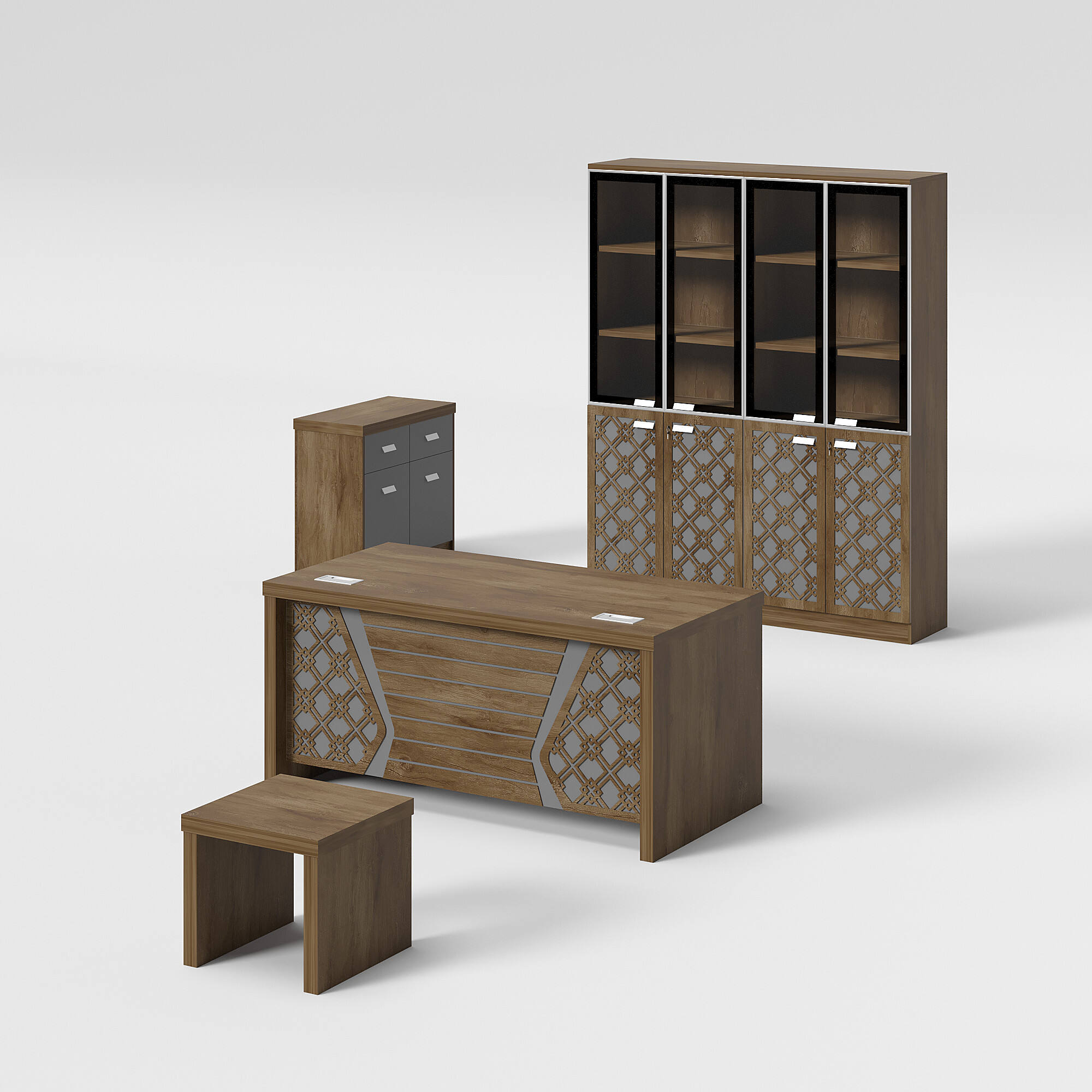 Elegant Melamine Office Desk Set with Storage Cabinet and Bookshelf for Professional Use