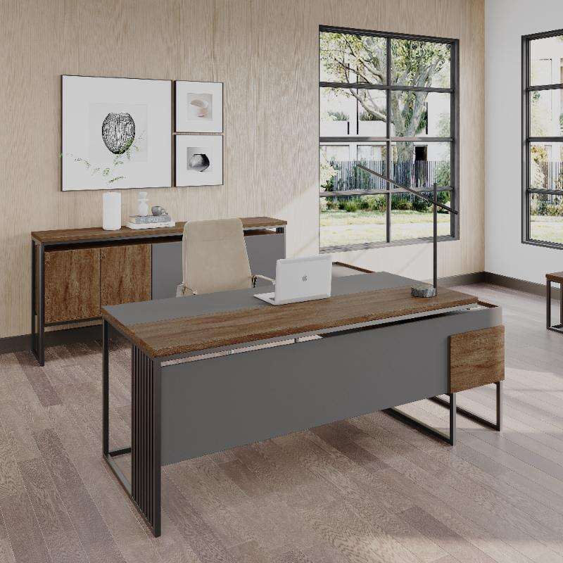Elegant L-Shaped Industrial Style Office Desk with Metal Frame and Wooden Top
