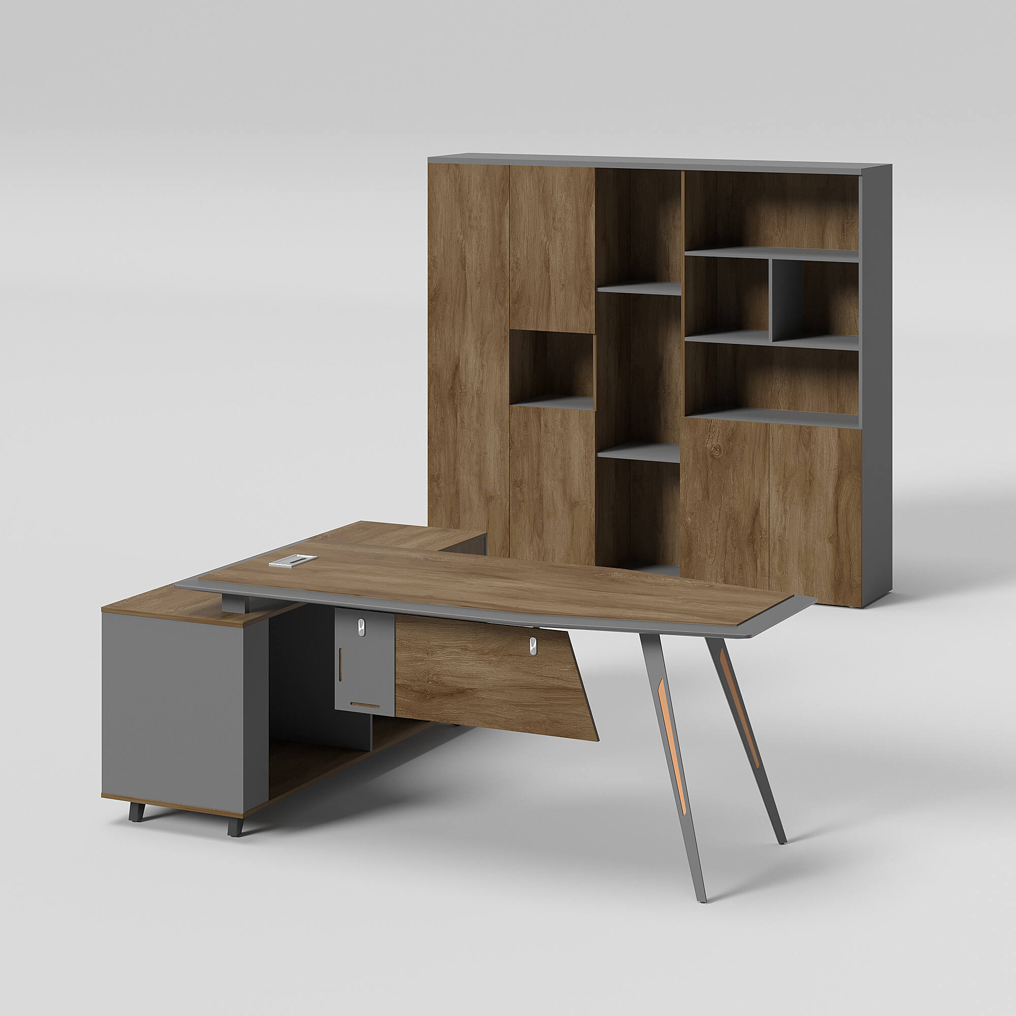 Modern Melamine Wood Furniture L-Shaped Office Desk Set with Storage Cabinet