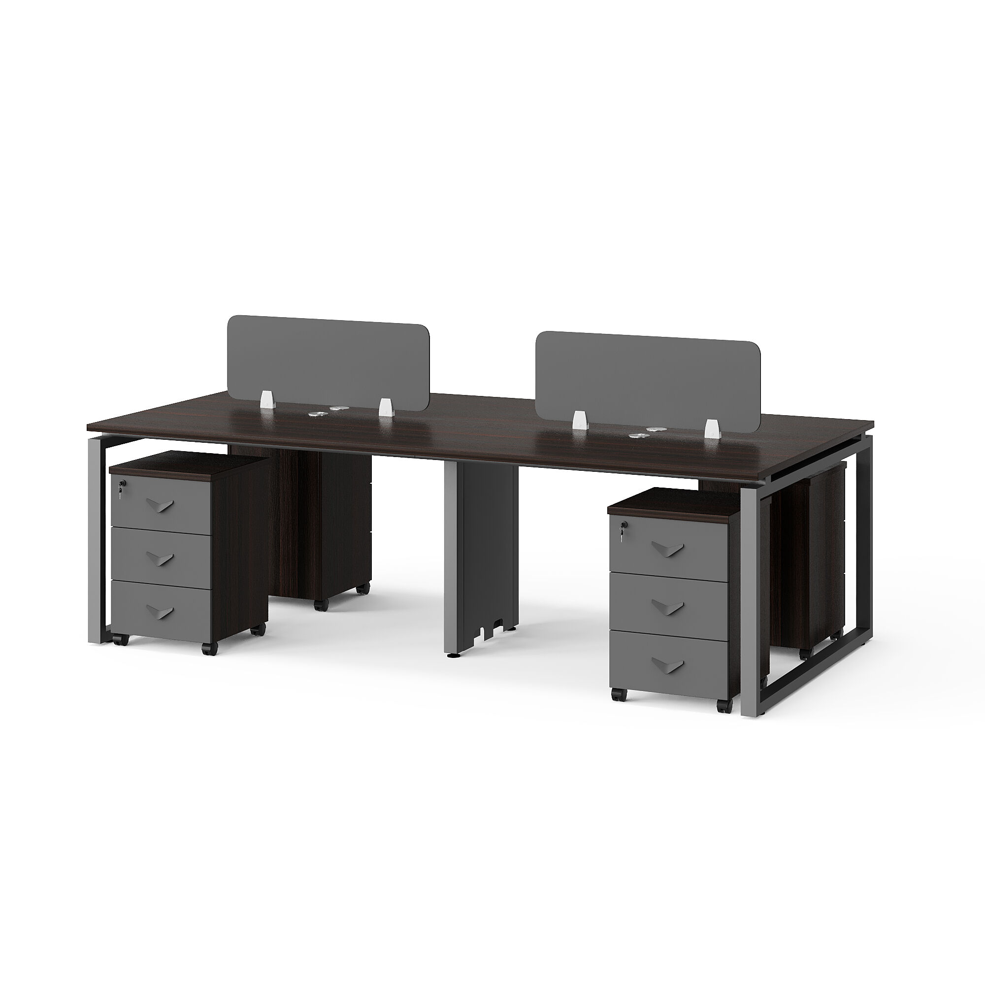 ब्राउन लकड़ी का शीर्ष 4-व्यक्ति कार्यालय डेस्क मेटल फ्रेम और पार्टिशन के साथ कार्य क्षेत्र के लिए