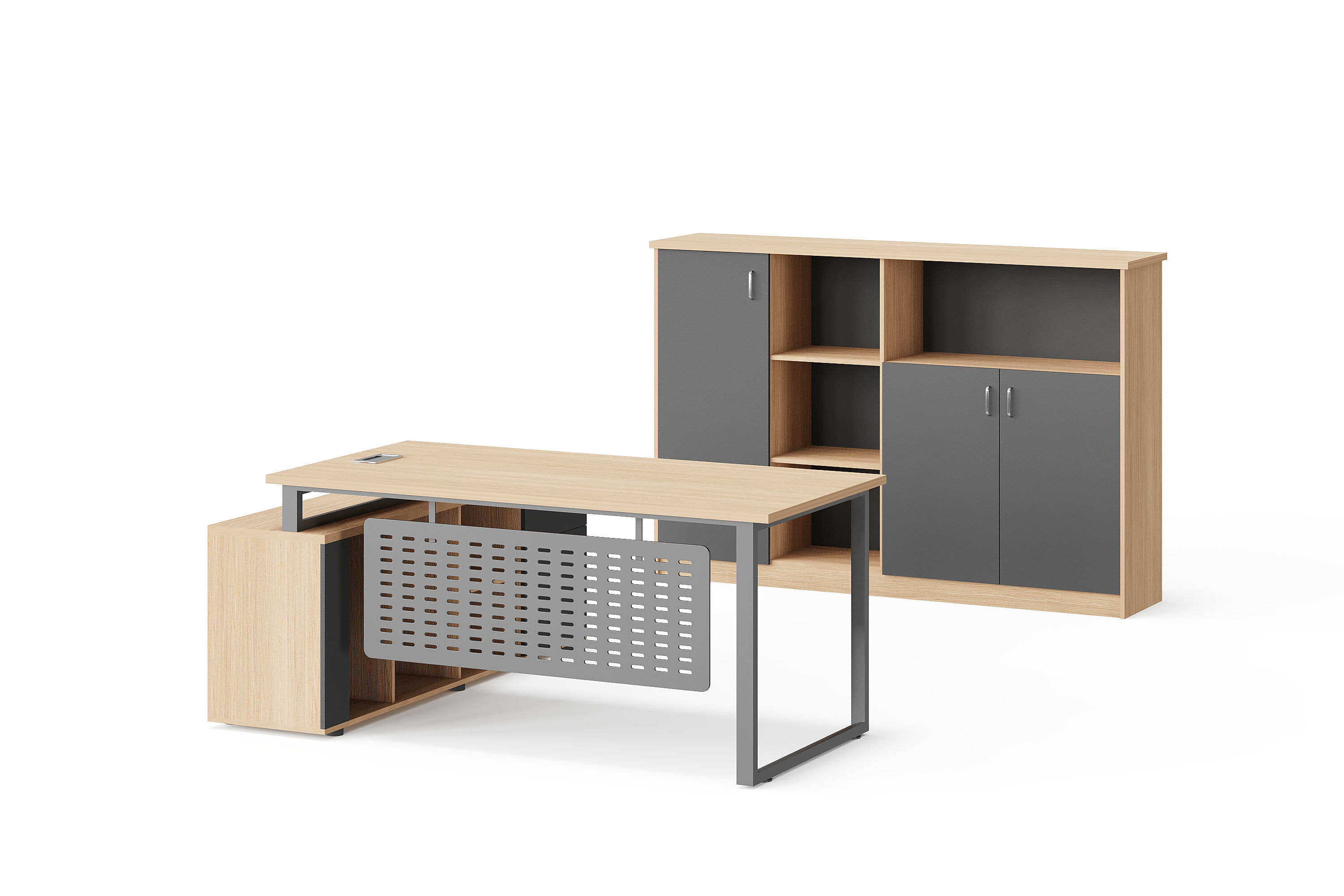 Modern Style Melamine and Iron L Shape Table with Cabinet 