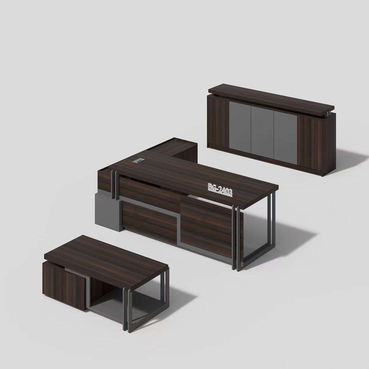 Mesa em L com Melamina e Ferro no Estilo Moderno com Armário e Mesa de Centro