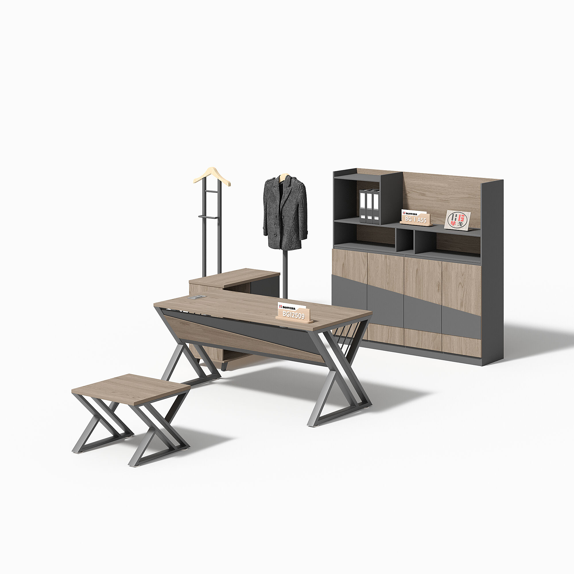 Modern Style Melamine and Iron Office Table + Side Table with Cabinet and Coffee Table