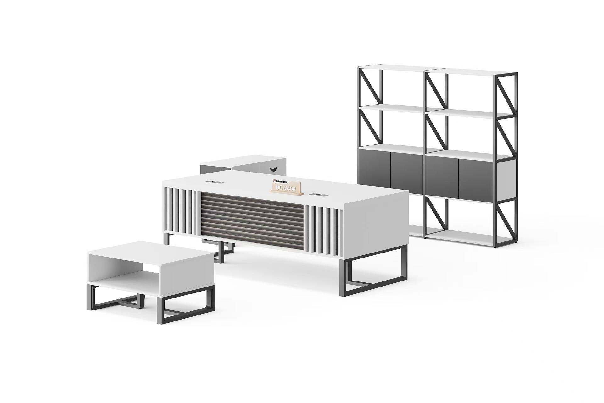 Wooden Top Executive Office Desk Set with Metal Frame and Storage Cabinets