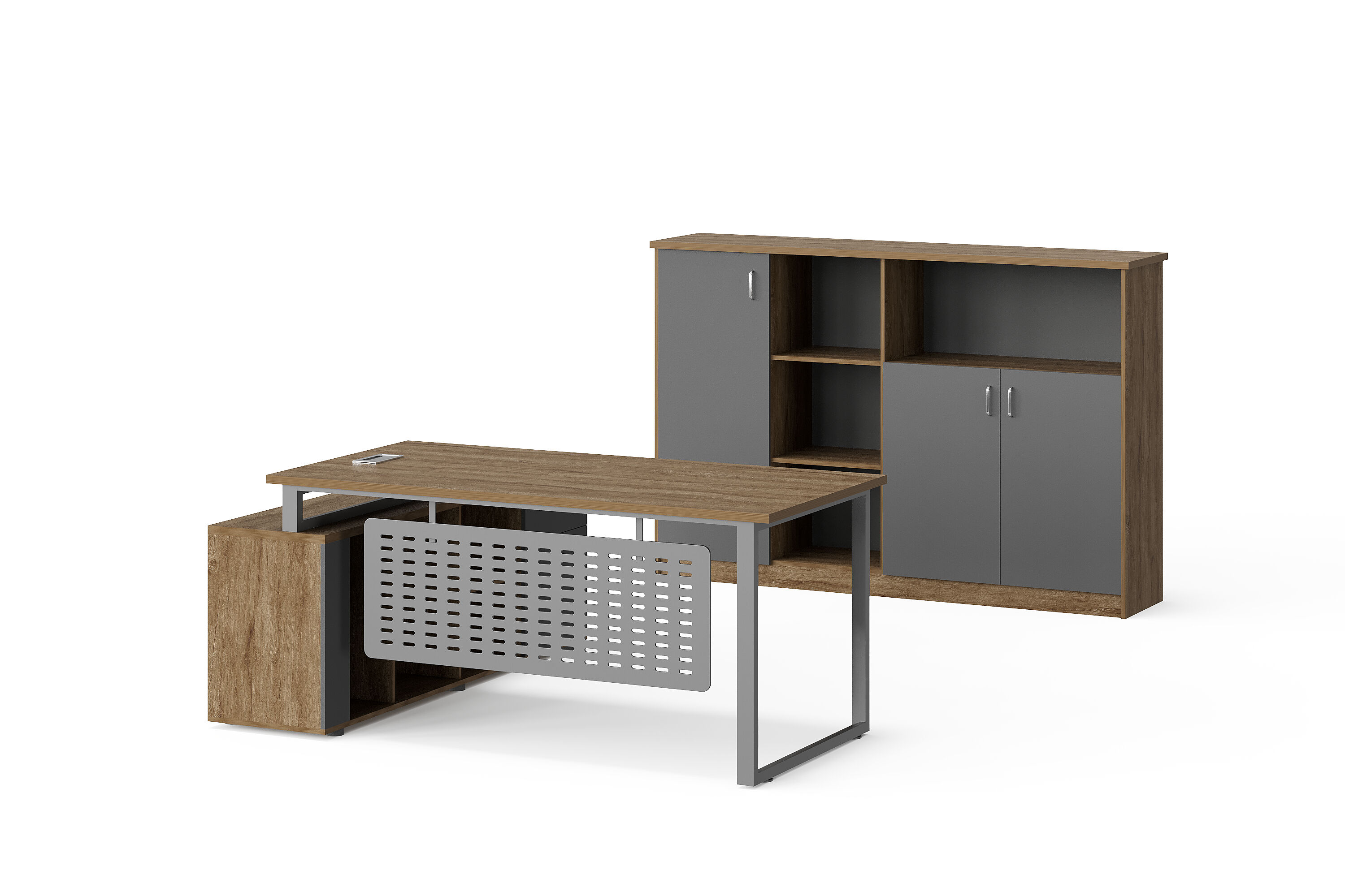 Modern Style Melamine and Iron L Shape Table with Cabinet 