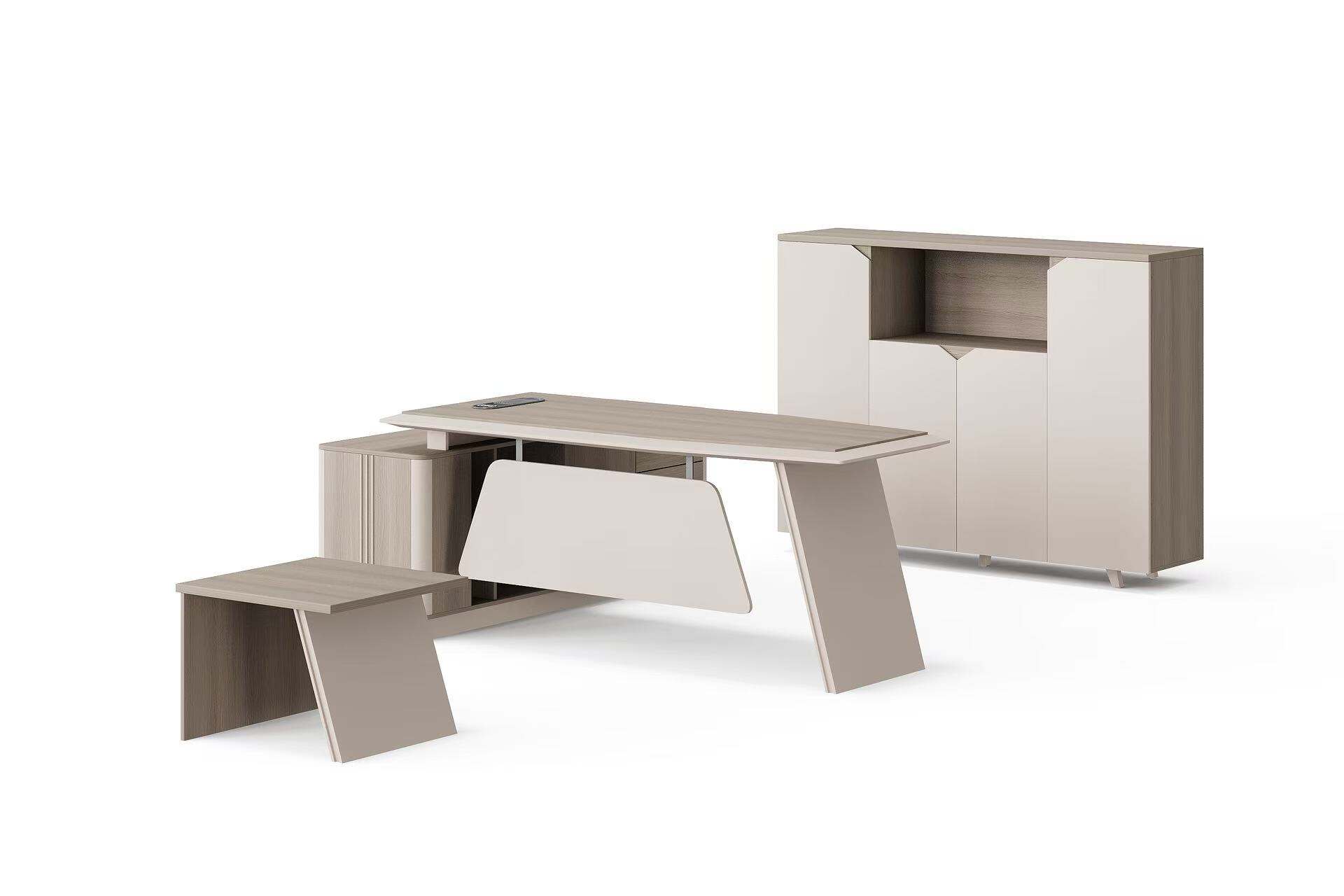 Mesa en forma de L de melamina y hierro con estilo moderno, con gabinete y mesa de centro