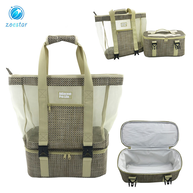 2 in 1 Ladies Big Knitted Nylon Mesh Tote Shoulder Bag with Cooler Compartment Daily Office Beach Shopping Bag