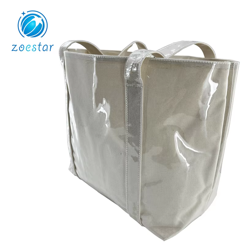 product special design canvas shopping bag with full transparent pvc covering supermarket storage bag women beach tote bag-5