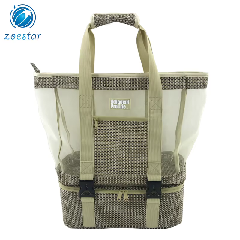 2 in 1 ladies big knitted nylon mesh tote shoulder bag with cooler compartment daily office beach shopping bag-1