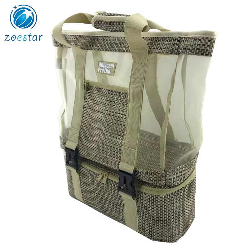 2 in 1 ladies big knitted nylon mesh tote shoulder bag with cooler compartment daily office beach shopping bag-3