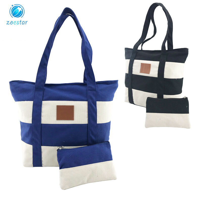 One Large Compartment Canvas Handbag Tote Bag Set with Separate Pouch for Daily Shopping Beach